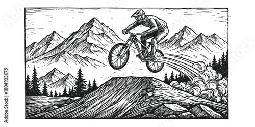 Mountain Biker Isolated Black And White Vector Illustration, Extreme MTB Downhill Illustration with Mountain Landscape, Vintage Linocut Artwork