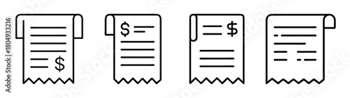 Receipt paper roll vector icon set, financial document, bill, invoice, sales receipt, total 
