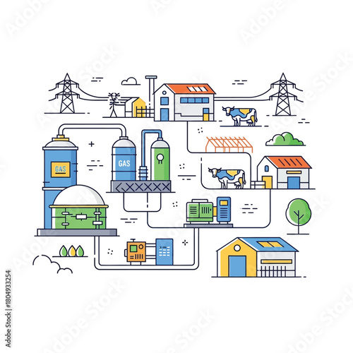 Sustainable Energy Icon Collection depicting a modern biogas production system from farm to grid, showcasing renewable resources and green technology for environmental sustainability