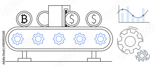 Conveyor belt carrying bitcoin and dollar coins with gears, charts, and statistics. Ideal for finance, cryptocurrency, automation, technology, investment fintech business. Simple flat metaphor