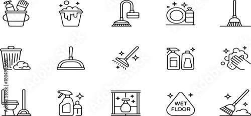 Professional Cleaning & Housekeeping Outline Icons: Supplies, Tools, and Hygiene Service Vectors