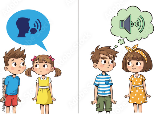 PrintChildren communication concept, speaking listening icons, cartoon character illustration, verbal auditory interaction, educational design, vector graphic, minimal style