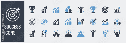 Business success and growth icon set in clean solid vector format, including symbols for planning, development, strategy, and achievement for project and corporate design use.
