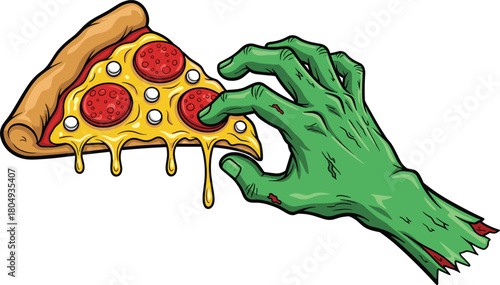 Green zombie hand grabbing slice of pepperoni pizza with melting cheese, vector illustration for Halloween design isolated on white background.