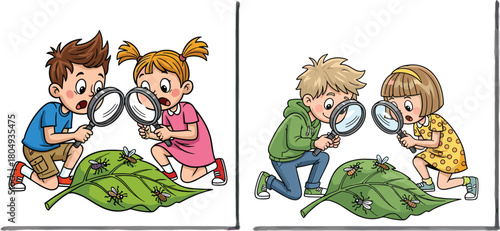 PrintChildren science exploration scene, cartoon kids with magnifying glass, nature observation activity, insect leaf study, educational vector illustration, learning concept