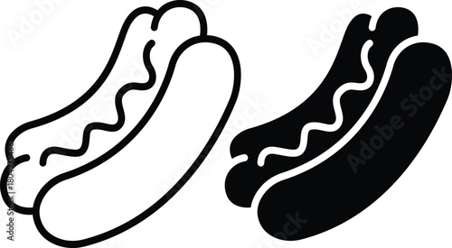 Delicious Hot Dog In Bun With Sauce Fast Food Outline Solid Vector Silhouette and Pictogram..eps
