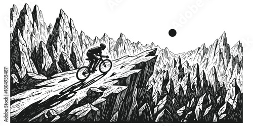 Mountain Biker Isolated Black And White Vector Illustration, Extreme MTB Downhill Illustration with Mountain Landscape, Vintage Linocut Artwork