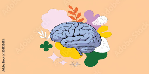 Whimsical Human Brain Vector Art with Abstract Flowers and Clouds: Creative Illustration for Mental Health Awareness, Psychology, Mindfulness, and Personal Growth Concepts