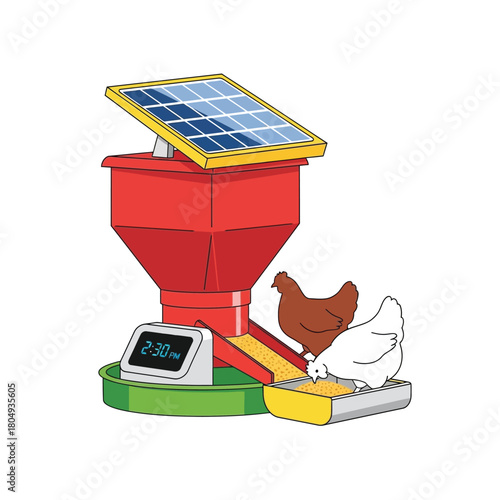 A smart farming concept with a solar-powered automatic chicken feeder, a vector graphic from the Sustainable Energy Icon Collection