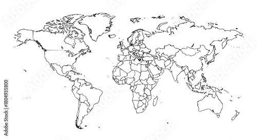 Vector of a simplified world map showing individual countries outlined with clean, didactic lines; minimalistic borders, no colors, high-contrast educational style, isolated on white background
