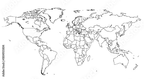 Vector of a simplified world map showing individual countries outlined with clean, didactic lines; minimalistic borders, no colors, high-contrast educational style, isolated on white background