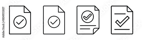 Document checklist vector icon set, approved file, task list, checkmark, verification, and confirmation