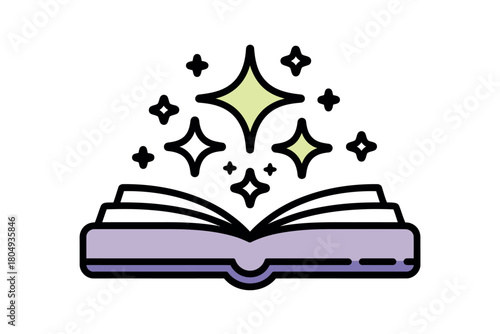 An open book emits magical sparkles, symbolizing imagination and storytelling.