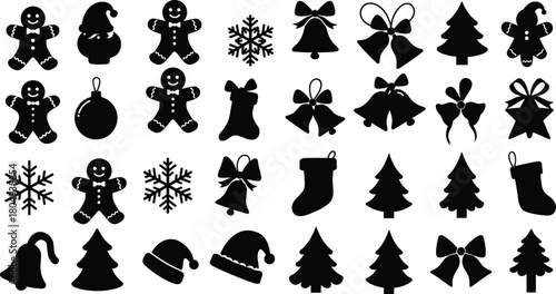 PrintChristmas icon silhouette set, festive holiday symbols, black vector illustration, gingerbread tree snowflake, ornament design, seasonal graphic, winter decoration