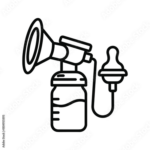 Black outline drawing of a breast pump with bottle isolated on