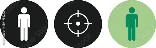 Set of vector circular icons illustrating human target concept with person silhouette and crosshair sight for headhunting or customer segmentation.