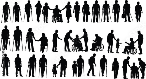 PrintDisability support silhouette set, inclusive care icons, black vector illustration, mobility assistance design, accessible community graphic, minimal human interaction art