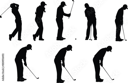 PrintGolfer silhouettes set, male athlete playing golf, swing and putt poses, black sport vector icons isolated on white.