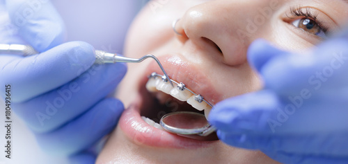 Asian female receiving orthodontic treatment with braces close-up, banner orthodontic