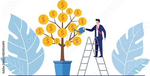 Businessman on ladder watering money tree with gold coins, illustrating financial growth, profitable investment strategy, and wealth accumulation concept.