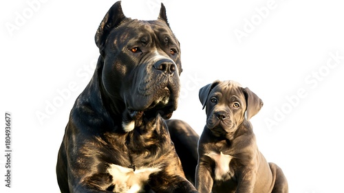 Adult brindle cane corso dog and puppy on a clean white backdrop.