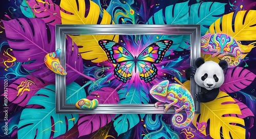 Enchanting mystical forest portal with glowing neon frame adorned with magical mushrooms and sparkling flora for fantasy world entry