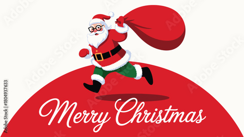 Santa Claus running with red gift sack, festive Christmas illustration in cheerful style for holiday, celebration, and seasonal design