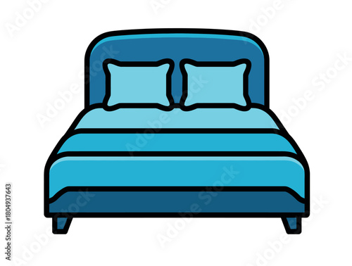 A stylized illustration of a blue double bed with two pillows and striped bedding, ready for sleep.