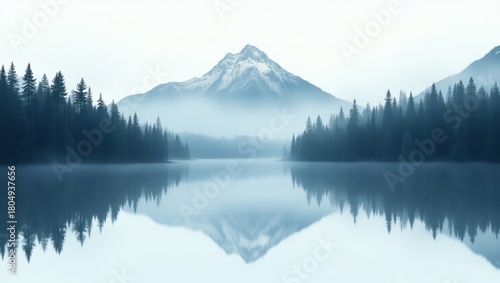 Misty mountain reflection in calm lake surrounded by pine forest