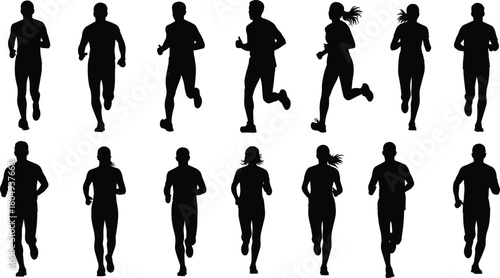 PrintRunners silhouette collection, black vector people running, male and female joggers set, sport icons isolated on white background, fitness concept.