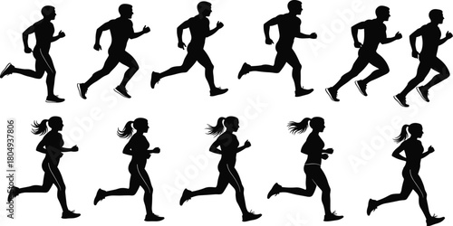PrintRunning man and woman silhouette collection, side view joggers set, sport fitness motion sequence vector illustration isolated on white background.