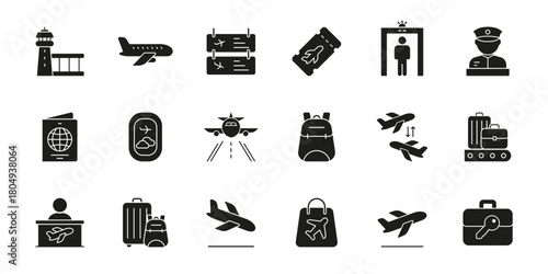 Airport Travel And Security Solid Icon Set. Aviation, Boarding, And Luggage Management Symbol Collection. Passport Control, Flight Information, And Baggage Handling. Isolated Vector Illustration