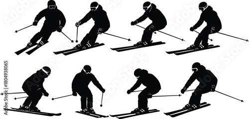 PrintSkier silhouettes set, alpine skiing vector collection, winter sport people descending slope, black isolated figures on white background.