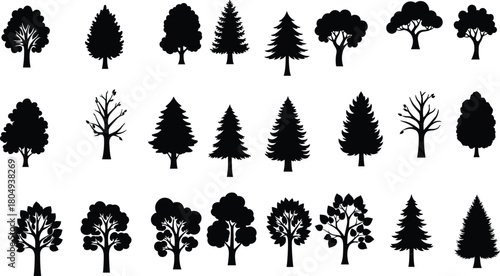 PrintTree silhouette set, diverse foliage shapes, black vector illustration, botanical graphic, seasonal tree icons, nature design, minimal forest elements