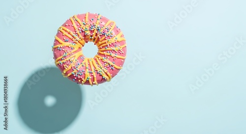 A vibrant pink frosted donut with yellow drizzle and colorful sprinkles levitating above a light blue background, casting a distinct shadow