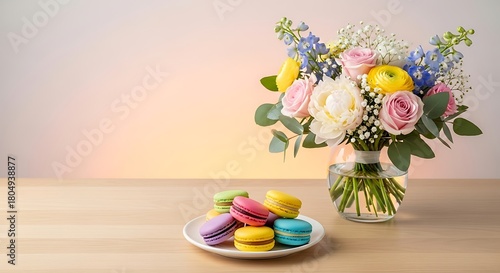Delicate Flower Bouquet with Macarons, Sweet Treat Still Life