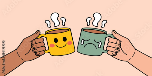 Cartoon Hands Toasting Happy and Sad Coffee Mugs Vector Illustration: Emotional Support and Friendship Concept Art Featuring Steaming Hot Drinks for Mental Health, Mood Contrast, and Empathy Designs