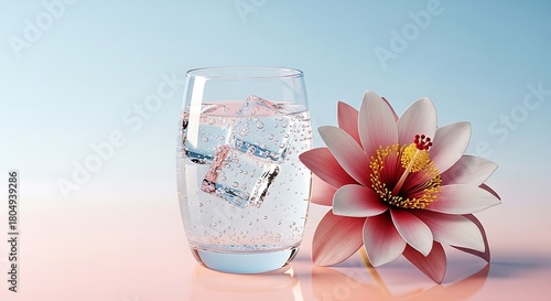 Refreshing water with ice cubes next to a vibrant pink lotus flower, symbolizing purity, hydration, and tranquility on a soft gradient background
