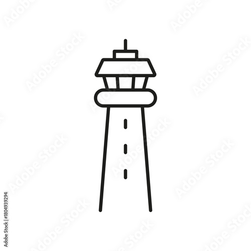 Airport Control Tower Line Icon. Air Traffic Management And Aviation Safety Outline Symbol. Flight Navigation And Communication. Editable Stroke. Isolated Vector Illustration