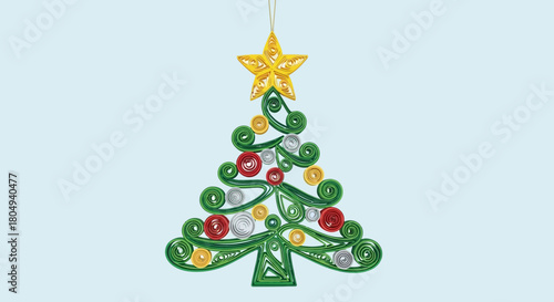 Quilled Christmas tree ornament with gold star, red and gold baubles against a festive blue background for holiday cards or digital promotions