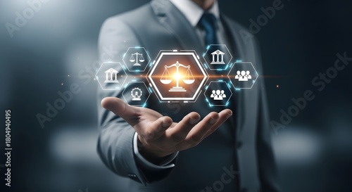 Businessman holding digital icons representing law justice and legal services