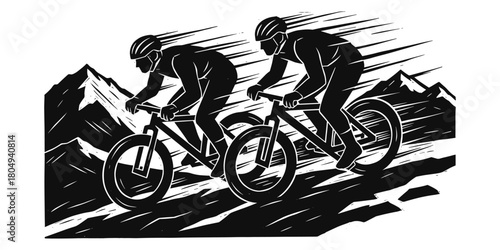 Mountain Biker Isolated Black And White Vector Illustration, Extreme MTB Downhill Illustration with Mountain Landscape, Vintage Linocut Artwork