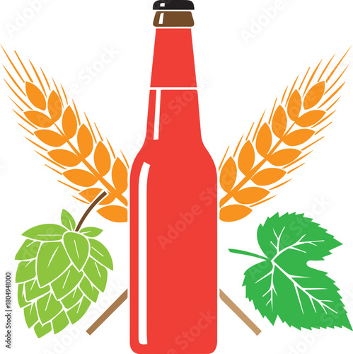Red beer bottle with wheat ears and hop cones vector illustration