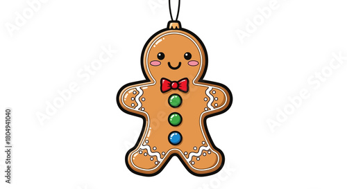 Charming gingerbread man ornament with festive red bow and colorful candy buttons, perfect for holiday decorations and seasonal designs.