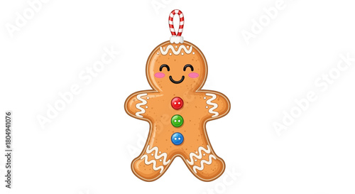 Whimsical gingerbread man ornament cheerfully hanging with festive red and white loop, perfect for holiday decoration and seasonal joy