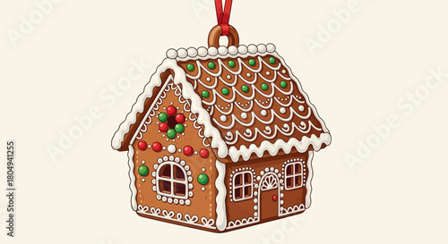 Festive gingerbread house ornament hangs, ready to bring holiday cheer and sweet winter magic to any Christmas decoration