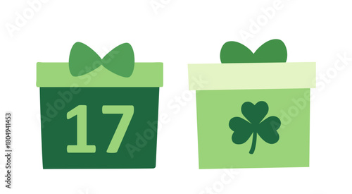 Set of Green Gift Box with Clover Decoration.
St. Patrick's day gift box flat vector illustration .
White background.