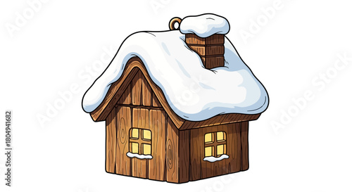 Cozy wooden cabin nestled in winter wonderland with warm glowing windows and snow-covered roof