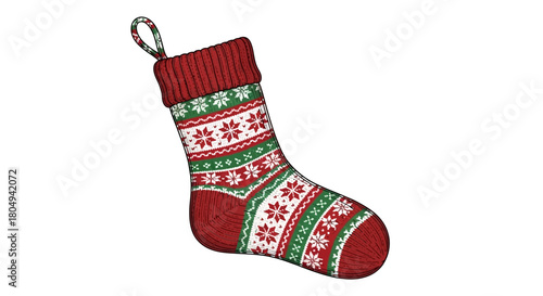 Cozy festive Christmas stocking adorned with traditional snowflake fair isle pattern in vibrant red, green, and white hues, perfect for holiday decor and gifting.