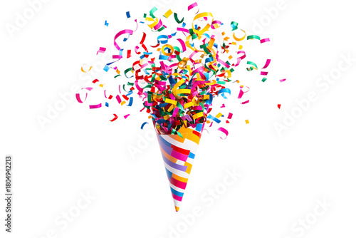 Colorful Confetti Explosion from Striped Party Cone on Black Background Creating a Festive and Celebratory Atmosphere for Celebrations